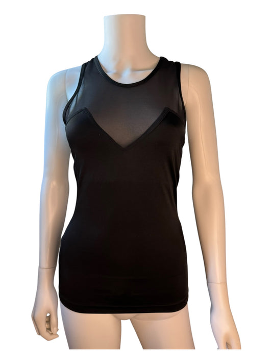 Black sleeveless top on a mannequin against a white background